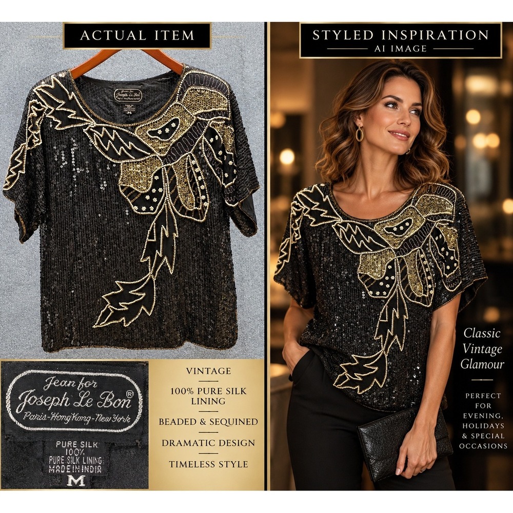 Joseph Le Bon Sequin Top Womens Silk Beaded Evening Black M Excellent Art Deco
